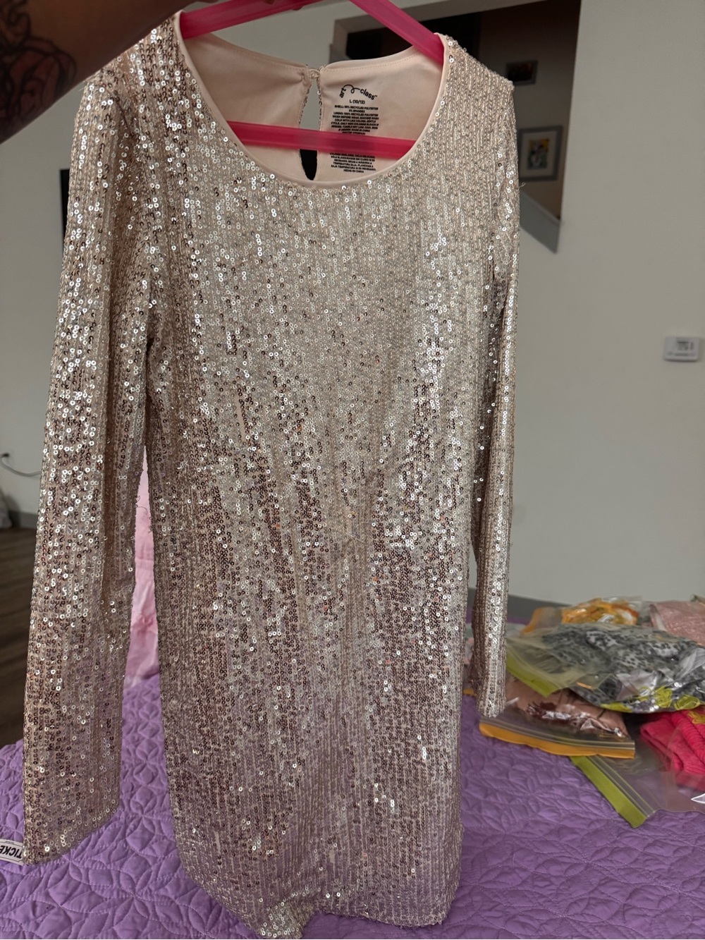 art class Champagne Sequin Long Sleeve Shift Dress